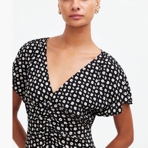 madewell ns232 Ruched V-Neck Mini Dress in Floral blk and wt nwt size 4 - Picture 5 of 13